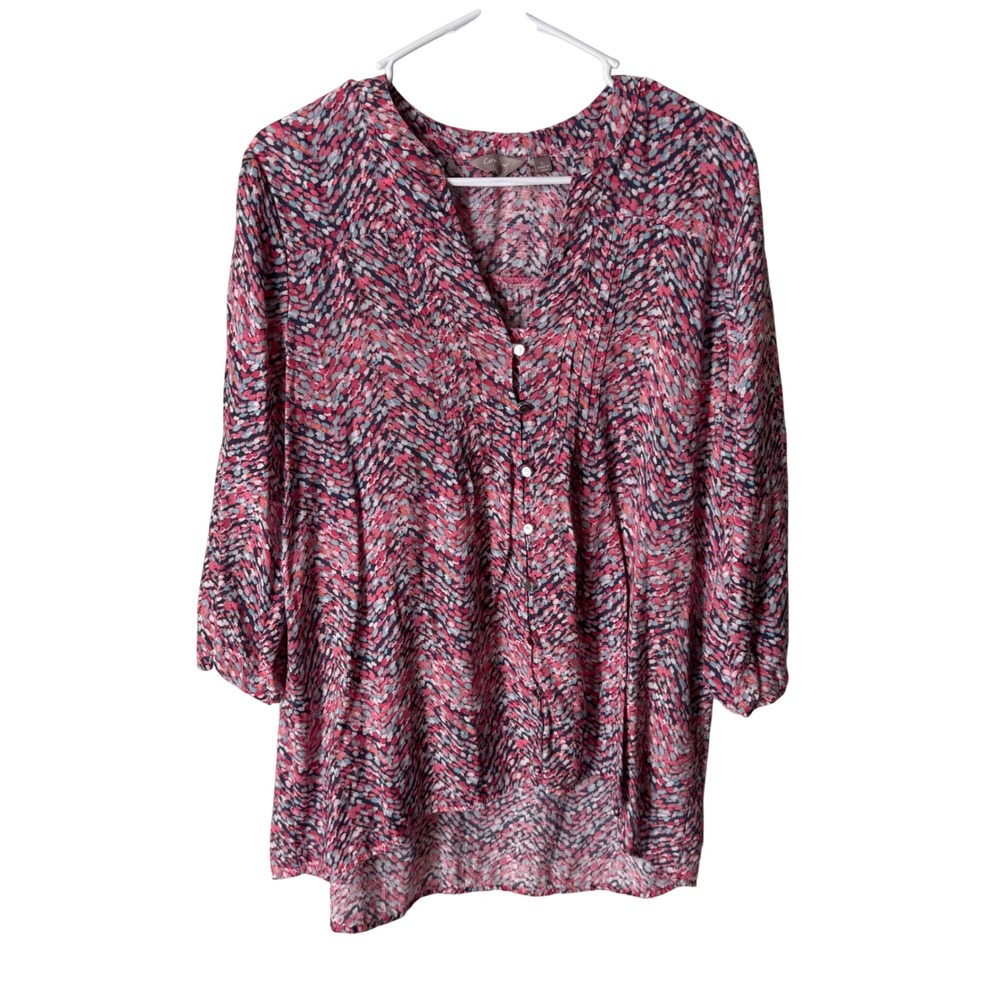 Coral Bay Womens Pink Blue Abstract Dot Chevron Pintuck 3/4 Sleeve Blouse L